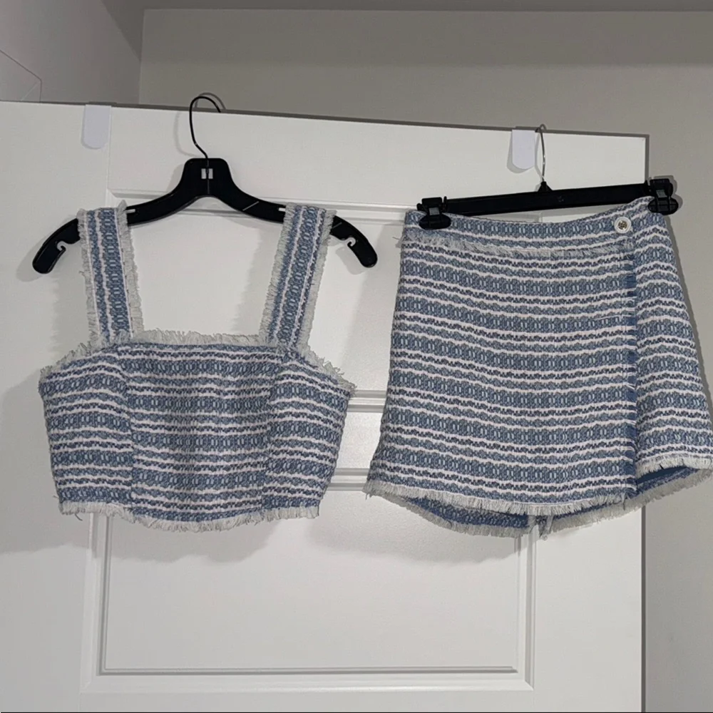 House of Harlow 1960 Blue and White Tweed Crop Top & Skort Set